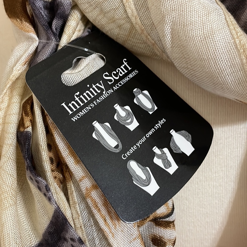 New Seashell Print Infinity Scarf Tan with Gray, Brown Shades Minimalist Coastal - Picture 4 of 7
